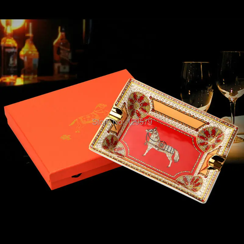 Luxiry Gadgets Retro Square Horse Pattern Red Ceramic Cigar Ashtray with 2 Rests | Ashtrays
