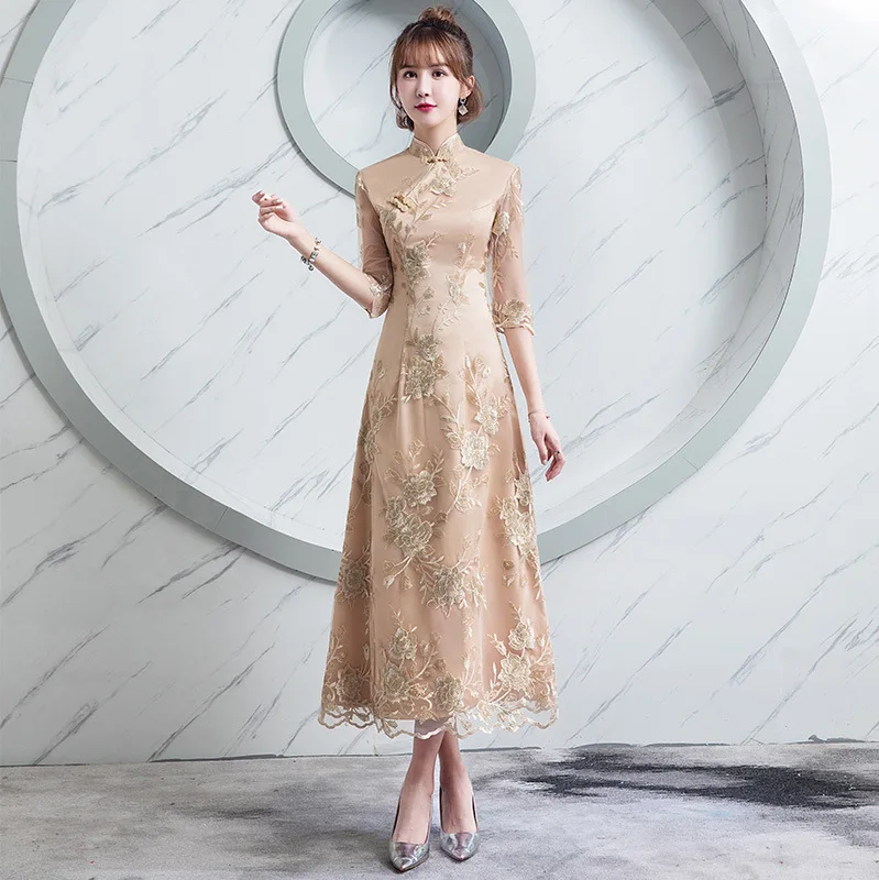 

Женское платье Ципао, кружевное вечернее платье с коротким рукавом и вышивкой в виде цветов шампанского