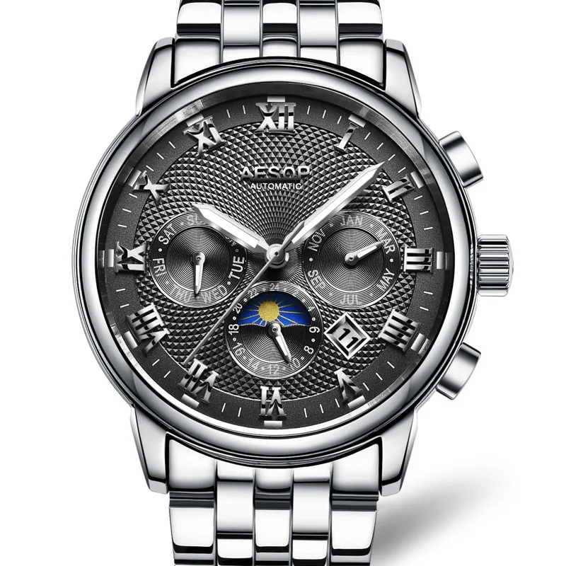 Часы AESOP мужские черные автоматические механические полностью из нержавеющей