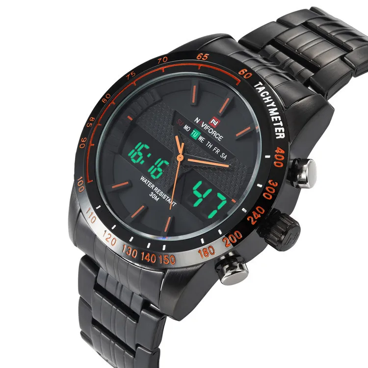 Black Orange Мужские кварцевые цифровые аналоговые часы мужские полностью Стальные наручные часы люксовый бренд NAVIFORCE мужские модные спортивные часы relogio masculino - Цвет: Black Orange