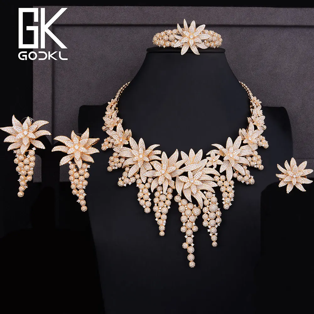 GODKI Роскошный цветок кубический циркон нигерийские Ювелирные наборы для женщин свадебные Дубай золотые ювелирные наборы африканские бусы Ювелирные наборы