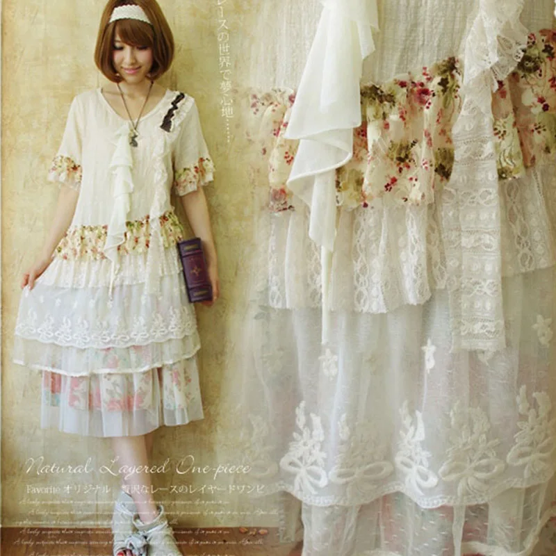 

Summer Sweet Women Cascading Ruffle Mori Girl Dress Lace Embroidery Patchwork Dress Ladies Princess Dresses Female A200