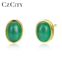 czcity oval design pure 925 sterling silver emerald stud earrings for women gemstone gold color earring charming fine jewellery