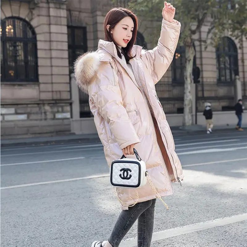 Leather powder Winter Down Coat Women Hooded Natural Raccoon Large Fur Collar 90% White Duck Down Jacket Female Thick Warm Long Jacket Parkas - Цвет: Leather powder
