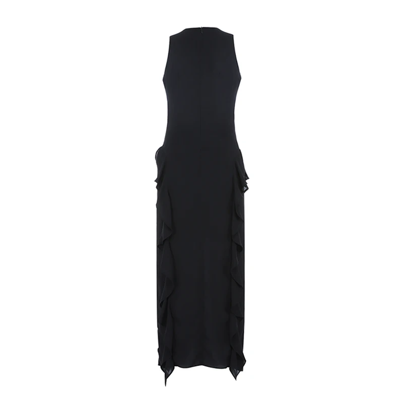 

Max Spri 2019 New Fashion O Neck Sleeveless Slim Ruffles Mesh Elegant Women Party Maxi Dress Black