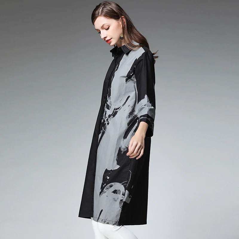 Женская Длинная блузка с рукавами три четверти Повседневная хлопковая рубашка