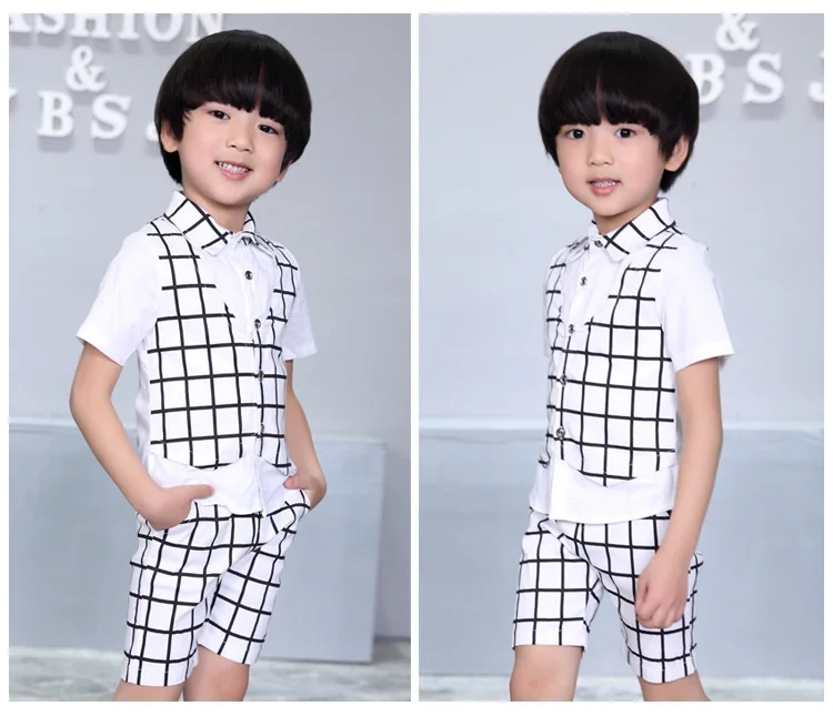 

Комплект одежды для маленьких мальчиков, новинка 2019, летняя детская официальная одежда, клетчатый жилет с имитацией обманки на талии + шорты...