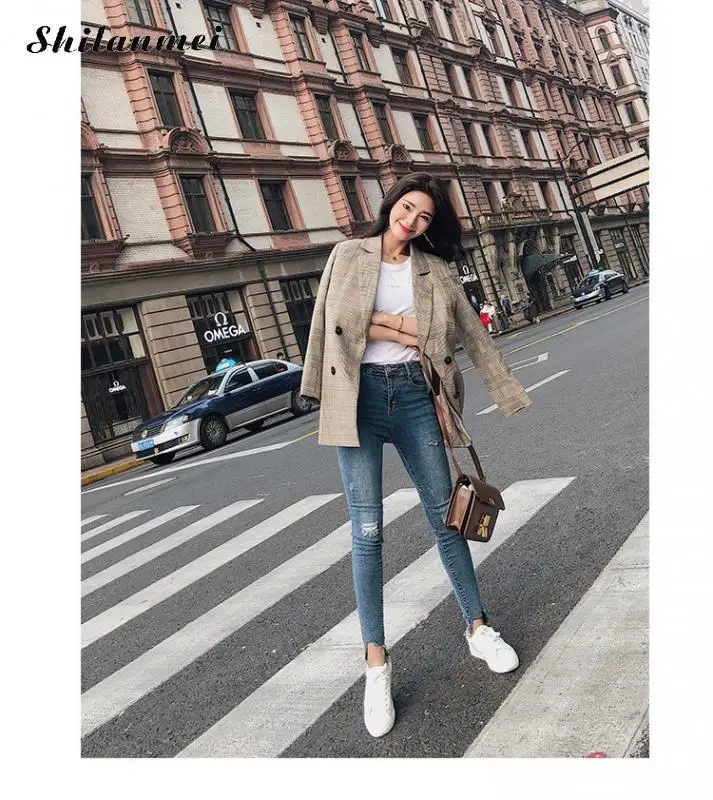 Осень Зима Ретро бойфренд клетчатый Блейзер женщина зубчатый карман двубортный