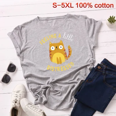 light gray SINGRAIN женская летняя футболка, хлопок, мультяшный желтый кот, S-5XL размера плюс, модные топы, принт с животными Китти, женская футболка - Цвет: light gray