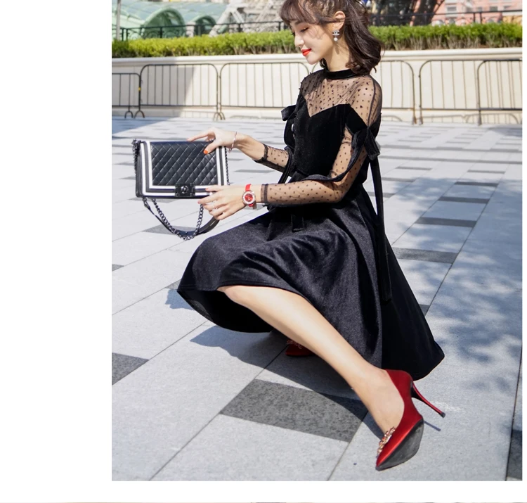 Винтажное бархатное платье для женщин весна 2019 черное прозрачное Сетчатое в