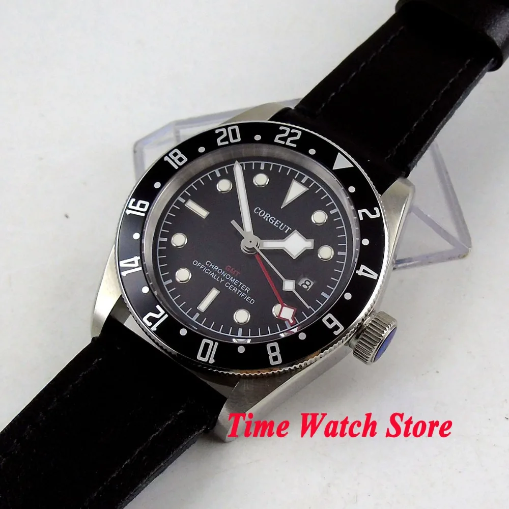 Solid 41mm Corgeut 20ATM mechanical auto watch men GMT waterproof leather strap luminous black dial Bezel sapphire date c116 | Наручные
