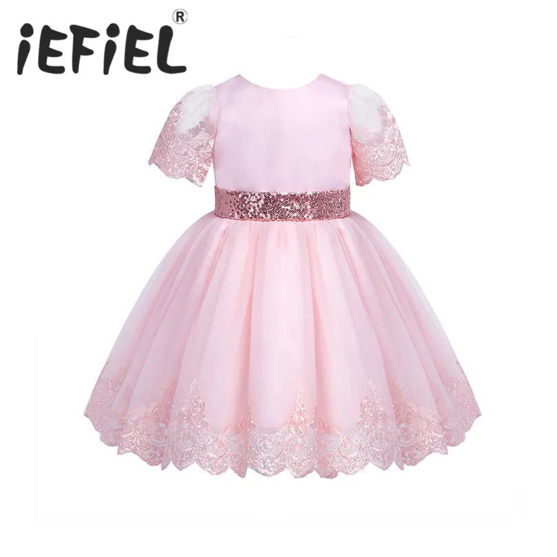 

iEFiEL Infant Baby Girls Embroidered Short Sleeves Sequined Bowknot Flower Girl First Communion Princess Wedding Pageant Dresses