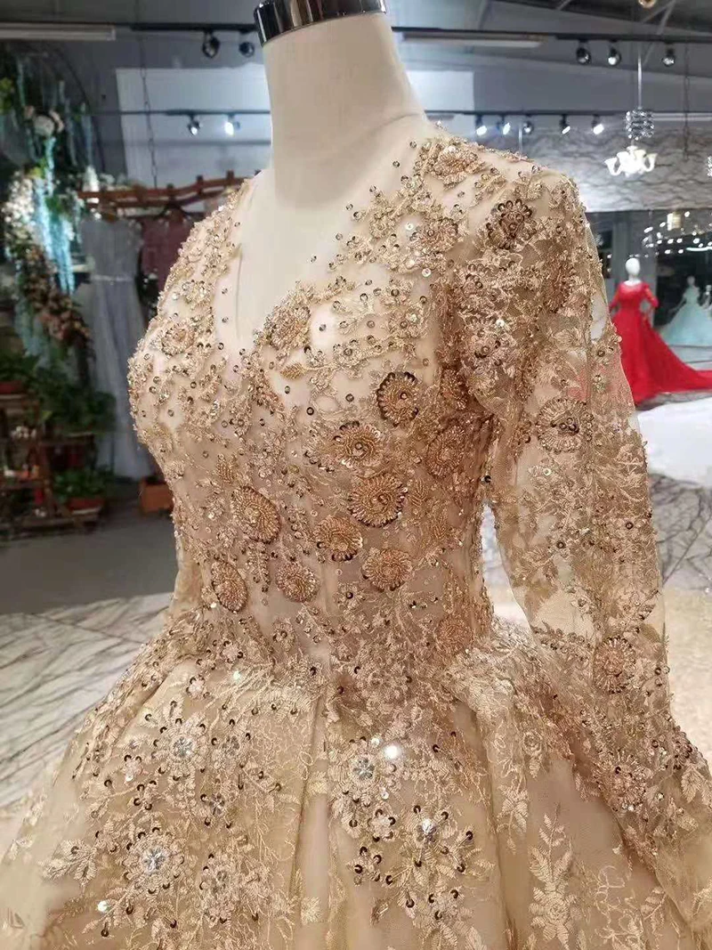 LSS219 golden lace wedding dresses 2020 champagne v-neck long sleeves up back party dress with shiny royal train | Свадьбы и