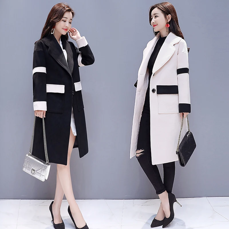 2018 г. зимние длинные женские офисные Wool-blend контраст верхняя одежда куртки