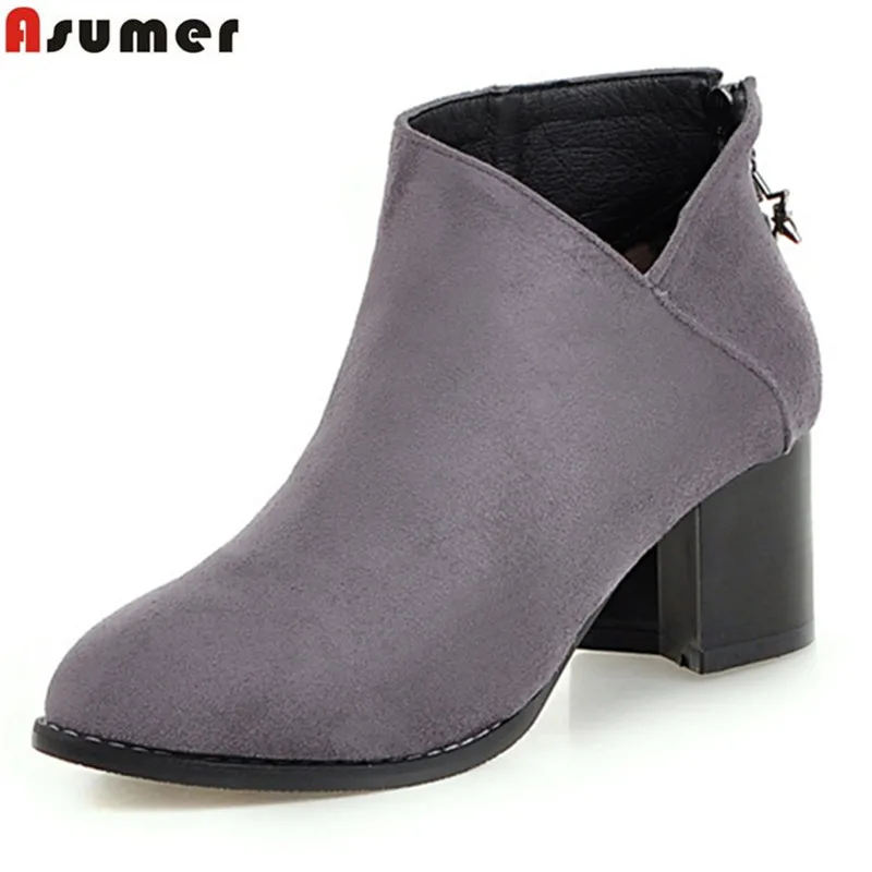 Женские ботильоны на молнии Asumer черные серые удобные ботинки из флока квадратном