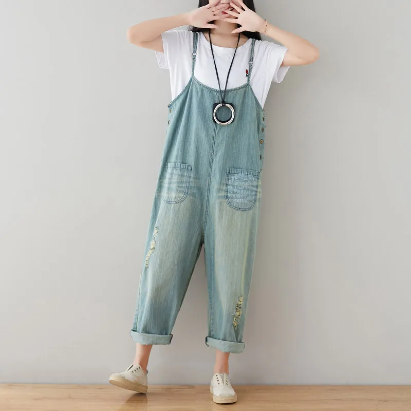 

Women Casual Simple Breathable Sling Jeans Personality Hole Comfortable Slim Suspenders Jumpsuits