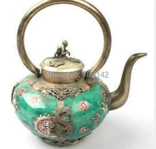 

Decoration Decor Oriental Vintage Charming tibet silver green porcelain dragon teapot Statue Tibet Miao Antique Old Silver