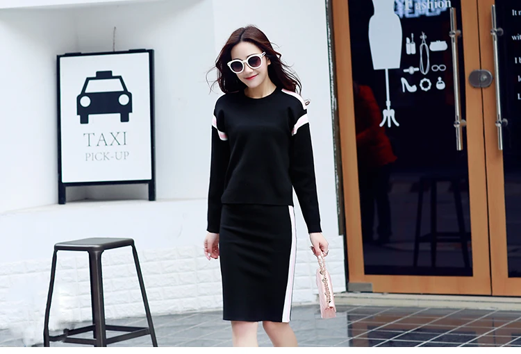 ALPHALMODA, зимний женский свитер с длинными рукавами+ юбка, повседневный костюм из 2 предметов, Женский Повседневный джемпер в полоску с заниженным плечом+ юбка