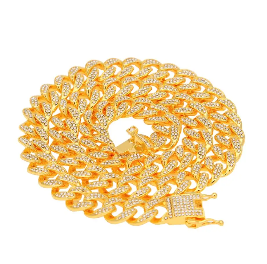 GOLD Ожерелье с цепочкой "BLING KING" и кубинским кулоном, 13 мм, полностью шикарные стразы, золотого цвета, модные ювелирные изделия, ожерелье - Окраска металла: GOLD