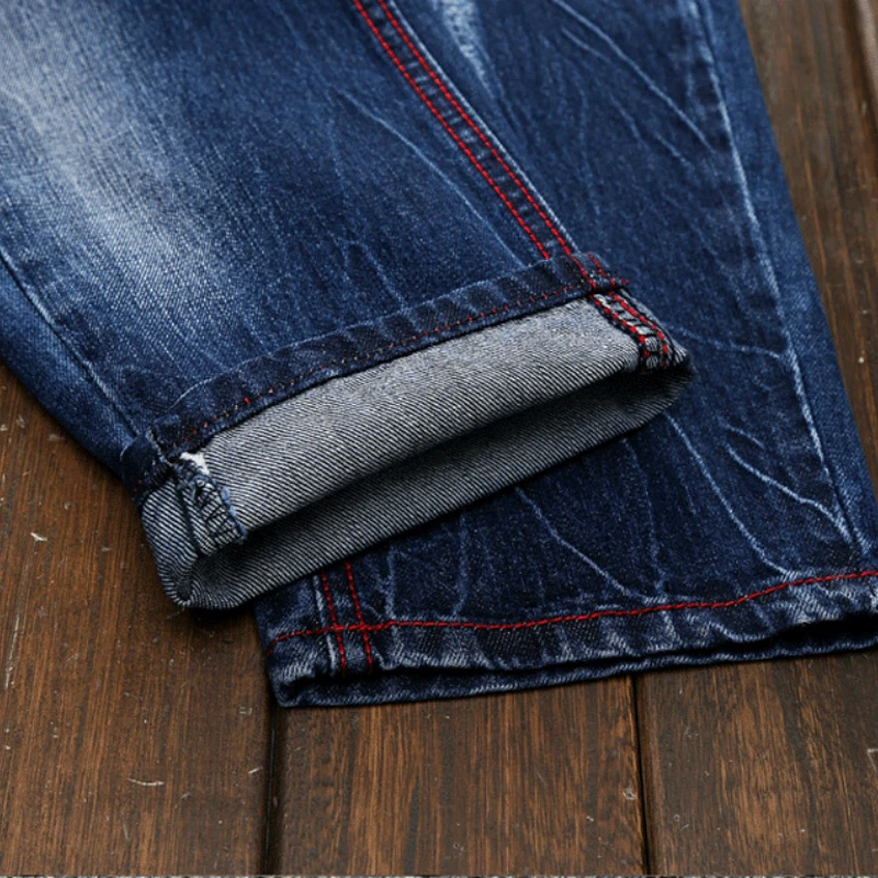 Quality Ripped Biker Jeans Mens Distressed Denim Pants Man Torn Patches Stretch Men Male Straight Slim Fit Men's Trousers | Мужская