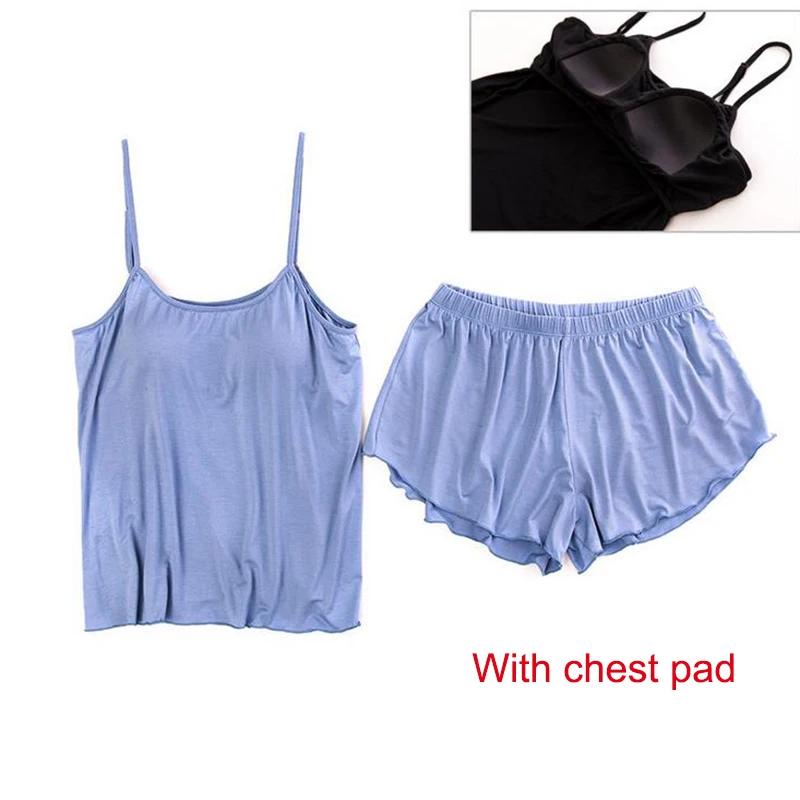 

Jinsen Aite Plus Size XL-4XL With Chest Pad Home Clothes Female Summer Pajamas Spaghetti Strap Top+ Shorts Two-piece Suit JS822