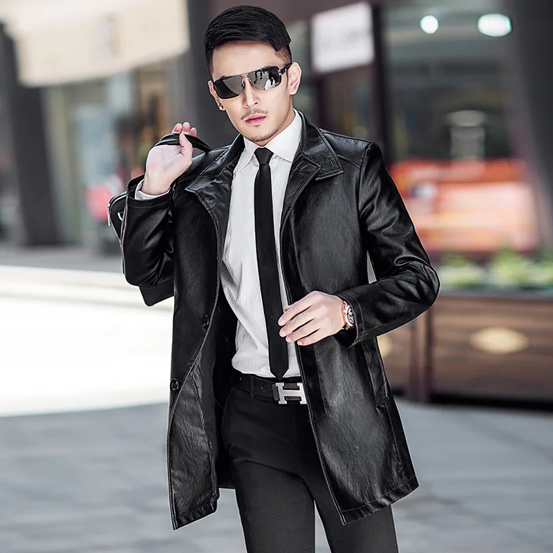 

2021 Spring New Casual Long Leder Trenchcoat High Quality Turn Down Collar Mens Long Leather Trench Coat
