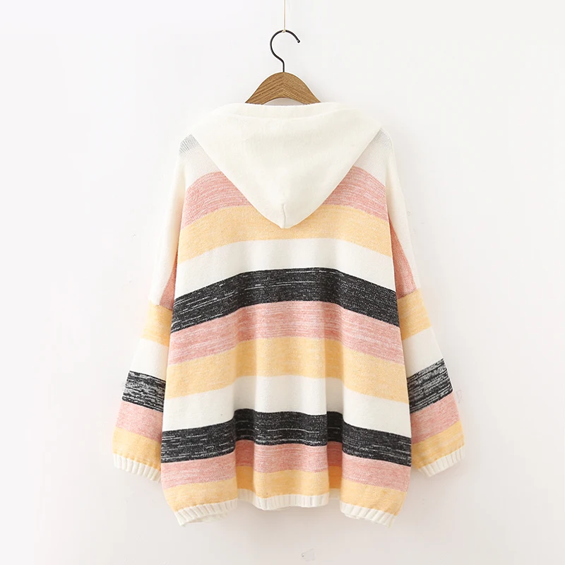 Женский пуловер с капюшоном в цветную полоску Свободный шерстяной свитер mori girl