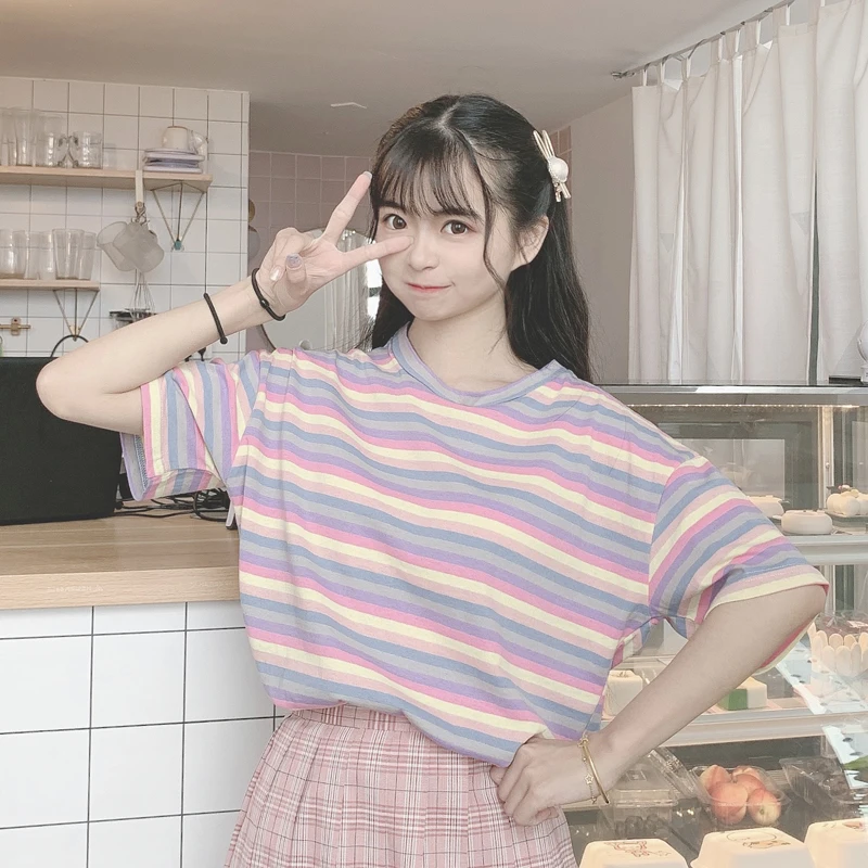 Женские футболки Милая футболка Kawaii Ulzzang ретро полосатая Радужная с коротким