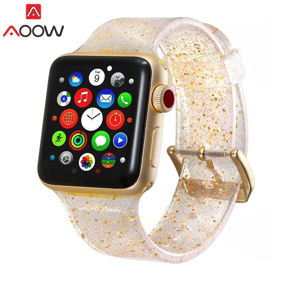Gold Силиконовый ремешок для часов для Apple Watch 38 мм 42 мм 40 мм 44 мм Блестящий ремешок для мужчин и женщин сменный Браслет ремешок для iwatch 1 2 3 4 - Цвет ремешка: Gold