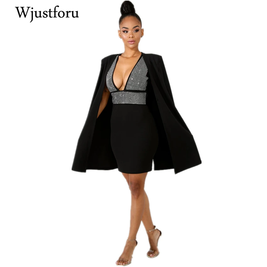 Wjustforu Temperament Women Elegant Tracksuit Fashion Bodycon Dress And Tops Cloak V Neck Sexy Bandage Two Piece Set Female | Женская