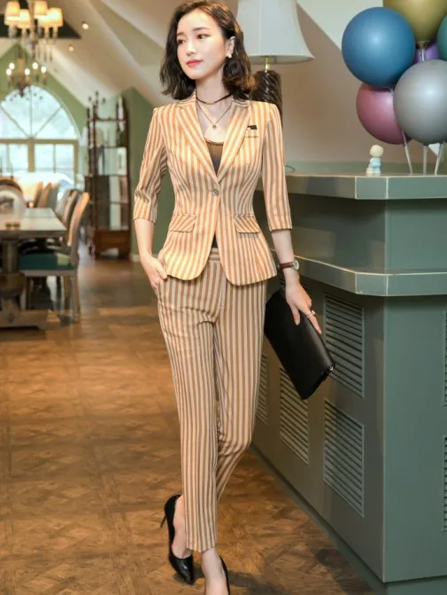 Khaki coat and pants Naviu Новое поступление женский комплект 2 шт. одежда Мода размера плюс полосатый Блейзер и брюки Офисная Леди Стиль Формальная форма - Цвет: Khaki coat and pants