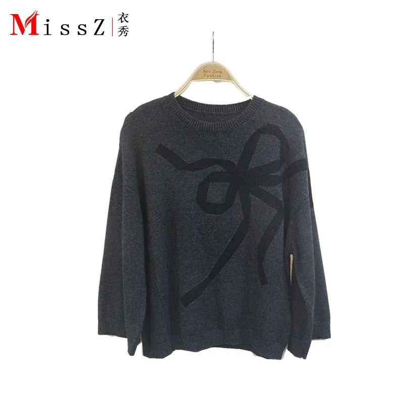 

New languid drab sweater women's pullover horn sleeves wide bow cashmere sweater blouse