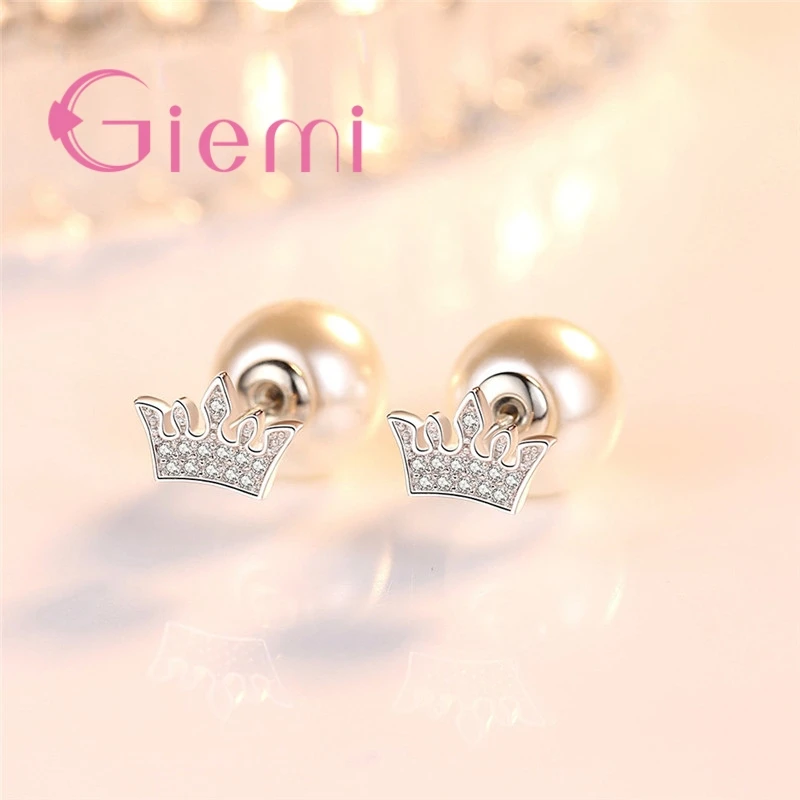 Classical White Peal Stud Earrings Real 925 Sterling Silver Luxurious Crown Jewelry Gift For Women Ladies Drop Shipping images - 6