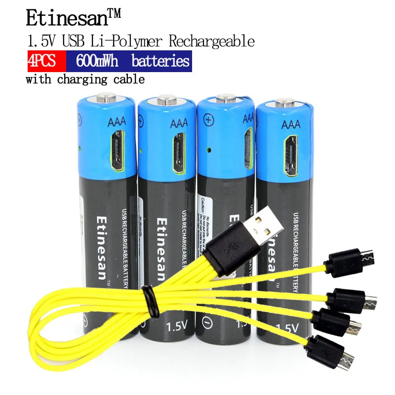 Etinesan 1,5 V AAA 600 mwh литий-полимерная литий-ионная аккумуляторная батарея USB аккумуляторы питания - Цвет: 4pc with cable