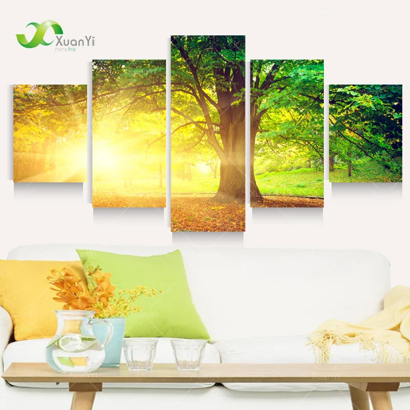 

5 Panel Modern Printed Sun Tree Painting Picture Cuadros Decoracion Canvas Landscape Painting For Living Room No Framed PR1005