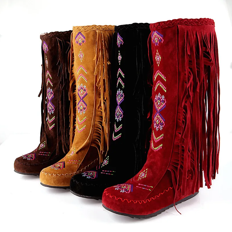 

Fashion Chinese Nation Style Flock Leather Women Fringe Flat Heels Long Boots Woman Tassel Knee High Boots Size 34-43