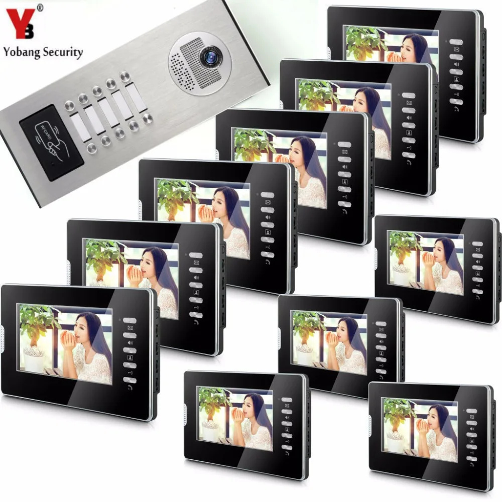 YobangSecurity Home Video Door Phone Doorphones 7Inch Color Monitor Intercom System Rfid Doorbell For 10 Apartments | Безопасность и