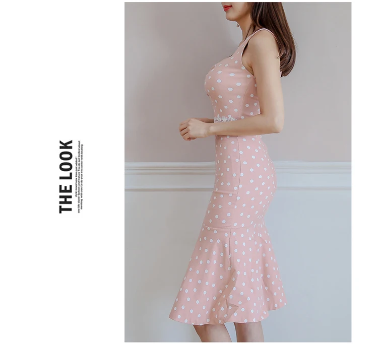 Высокое качество летнее платье в горошек с милым принтом Vestidos облегающее платье-майка без рукавов до колена Длина пикантные рыбий хвост Вечерние платья
