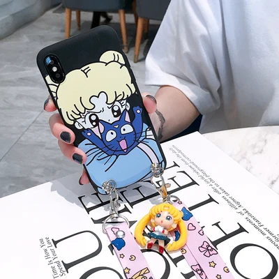 As shown in Для iPhone XR милый 3D Сейлор Мун чехол для телефона для iPhone X XS Max 4S 5S SE 6S 6plus 7plus 8 plus мультяшная задняя крышка+ ремешок+ игрушка - Цвет: As shown in