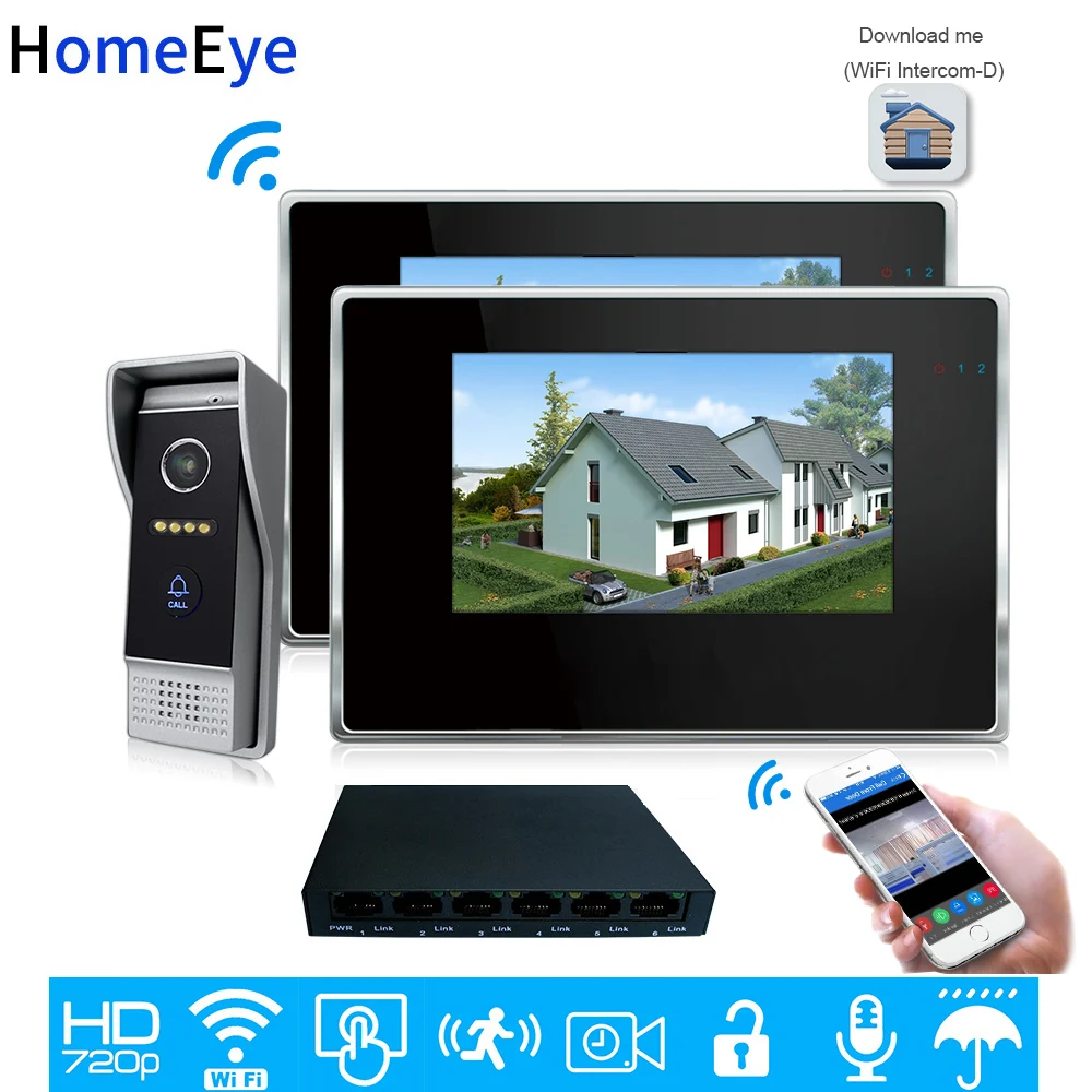 HomeEye 720P WiFi IP Video Door Phone Video Intercom 1to 2 Home Access Control System Android IOS App Remote Unlock Touch Screen