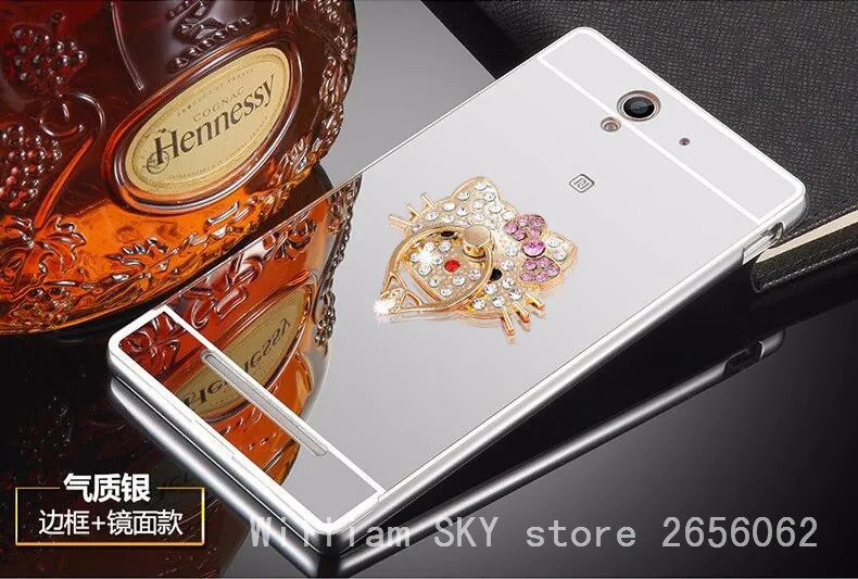 Для Sony Xperia C3 S55T S55U D2533 Случае Зеркало Алюминиевая Рама + Акриловые с Алмазной Кошка