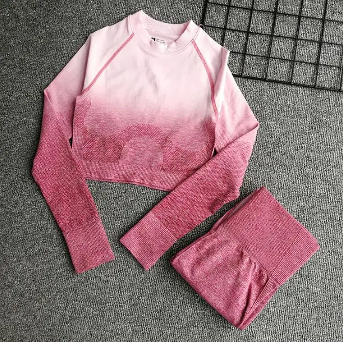Red set Женский бесшовный комплект для йоги, для спортзала, высокая талия, лосины, футболки, топ, костюм с длинным рукавом, фитнес, тренировки, спорт, набор спортивной одежды для бега - Цвет: Red set
