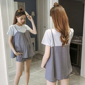 Комплект из 2 предметов, топы и шорты для беременных, Одежда для беременных, повседневный полосатый топ для беременных, летняя одежда для беременных