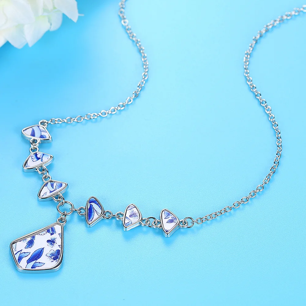CKW Vintage Imitation Blue and White Porcelain Pendant Necklace Glass Cabochon Handmade Women Jewelry Party Gift | Украшения и