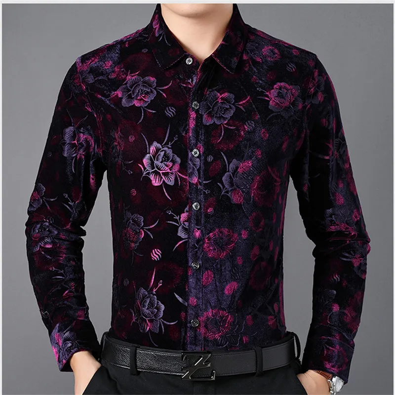Рубашки вельветовые с цветочным принтом теплые повседневные приталенные