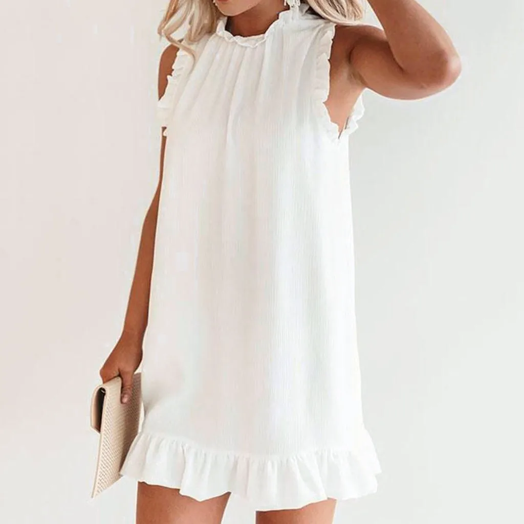 Однотонное повседневное летнее платье без рукавов с оборками Пляжное женское