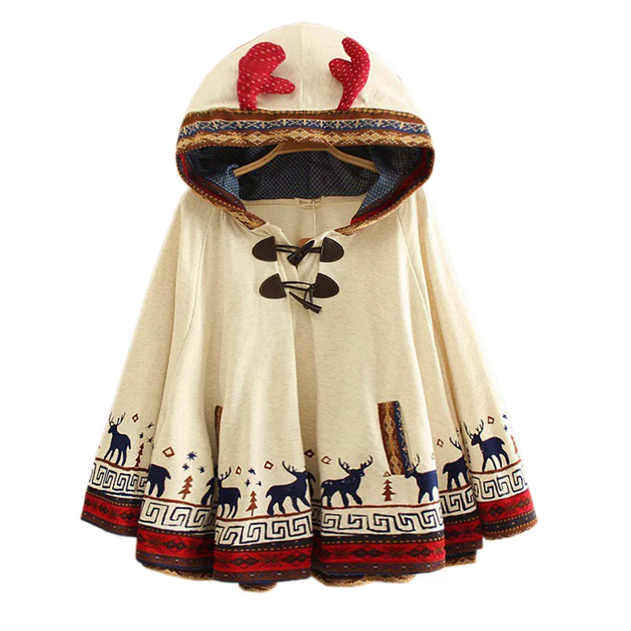 beige Японский плащ-накидка с капюшоном для девочек; сезон зима-весна; короткий бархатный стеганый плащ с оленем; пальто-пончо с капюшоном для школьников - Цвет: beige