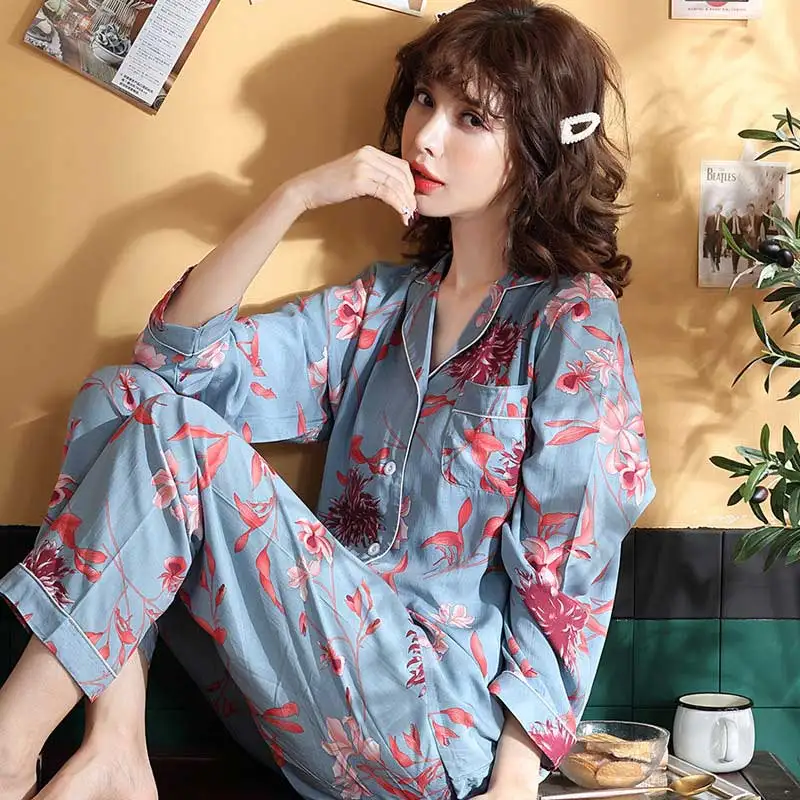 blue BZEL/пижамный комплект из 2 предметов, Женский Пижамный костюм с длинными рукавами и отложным воротником, атласная пижама Mujer, Белье для сна, 11 видов узоров - Цвет: blue