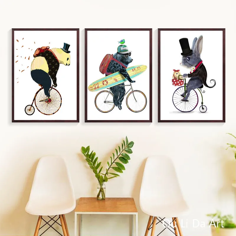 Без рамки мультфильм Животные медведь мышь ездить на велосипеде холст печать