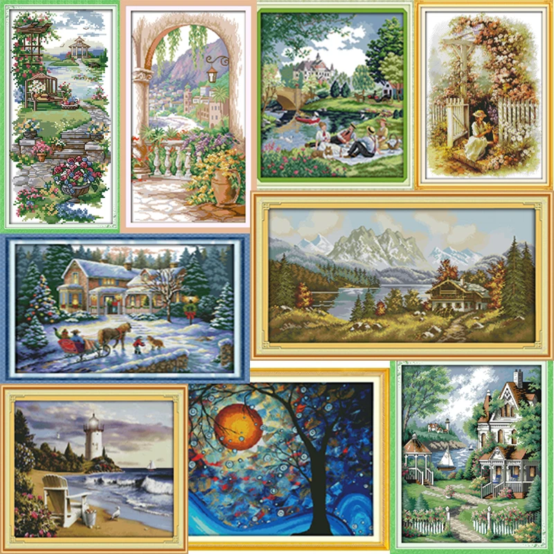 

A Picnic in the Suburbs Cross Stitch Patterns Landscape Paintings 14CT 11CT DMC Counted Printed Canvas DIY Embroidery Needlework